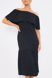 Textured Frill Bardot Midi Dress