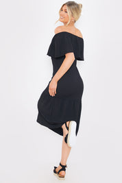 Textured Frill Bardot Midi Dress