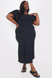 Textured Frill Bardot Midi Dress