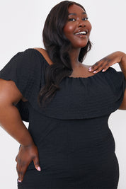 Textured Frill Bardot Midi Dress
