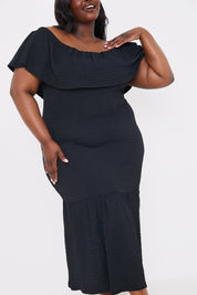 Textured Frill Bardot Midi Dress