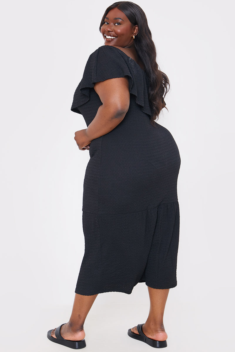 Textured Frill Bardot Midi Dress