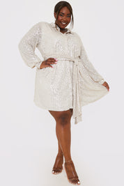 Silver Sequin Tie Drape Dress