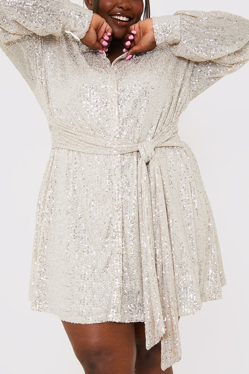 Silver Sequin Tie Drape Dress