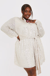 Silver Sequin Tie Drape Dress