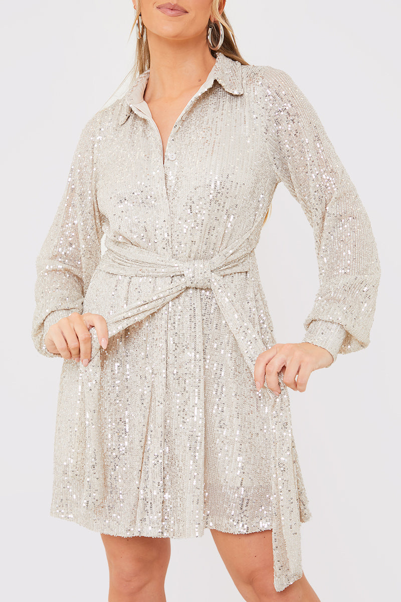 Silver Sequin Tie Drape Dress