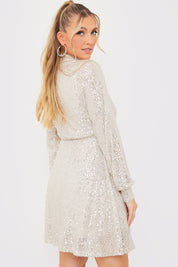 Silver Sequin Tie Drape Dress