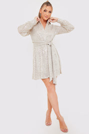 Silver Sequin Tie Drape Dress
