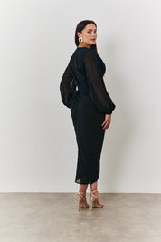 Chiffon Long Sleeve Slit Detail Midi Dress