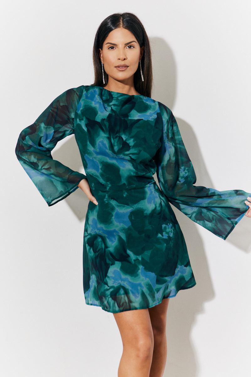 white christmas dresses Printed Draped Back Boat Neck Mini Dress – InTheStyle