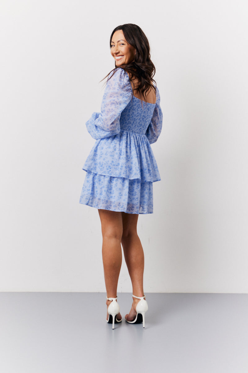 Shirred Bust Tiered Mini Dressw/Ith Contrast Trim