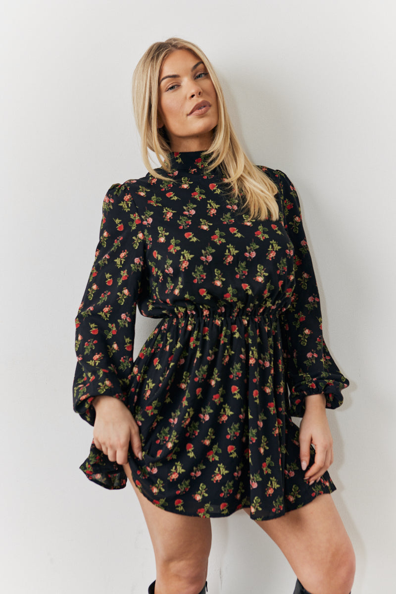 Black Rose Print High Neck Mini Dress – InTheStyle