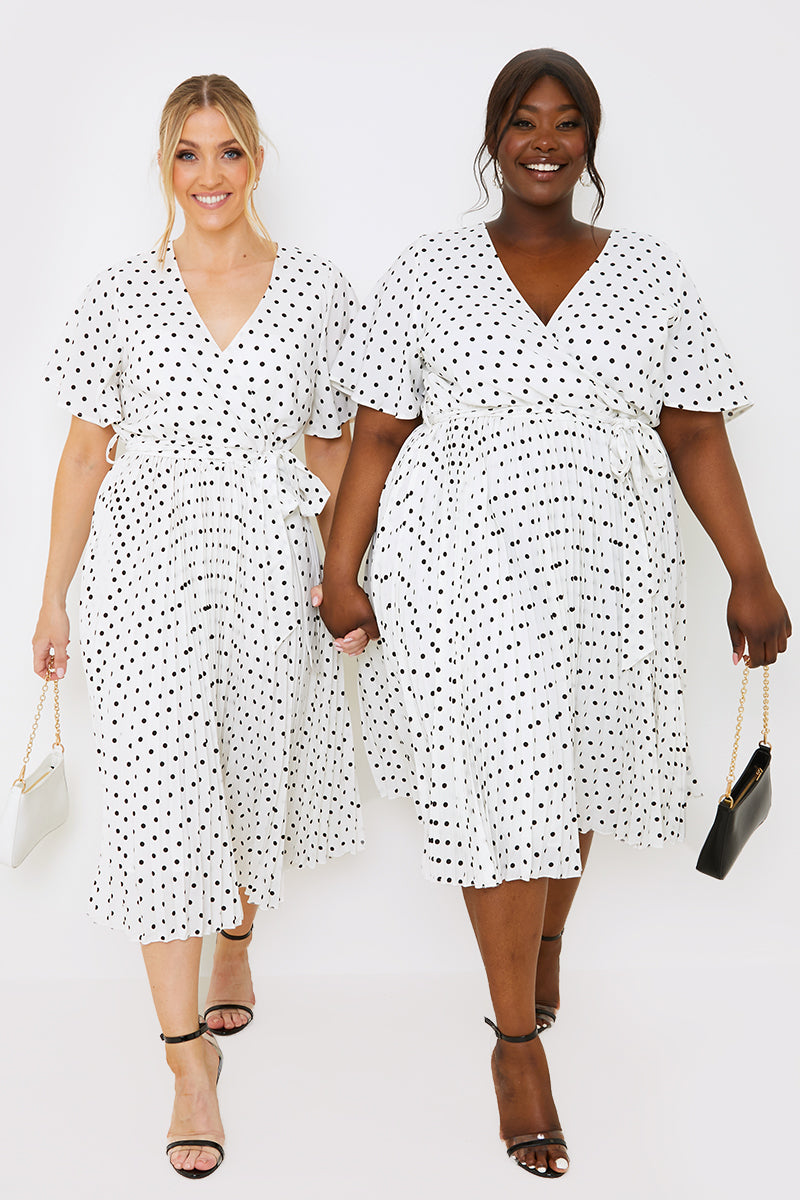 Polka Dot Print Pleated Wrap Midi Dress