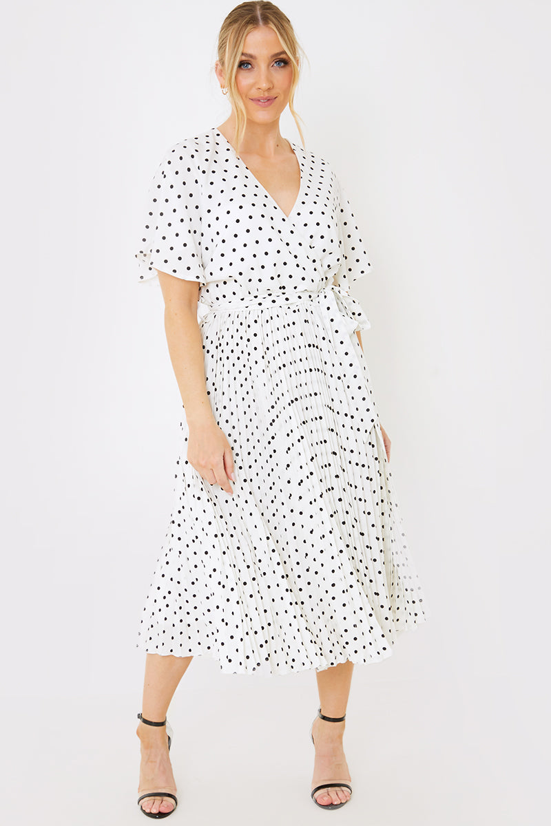 Polka Dot Print Pleated Wrap Midi Dress