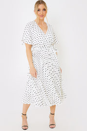 Polka Dot Print Pleated Wrap Midi Dress