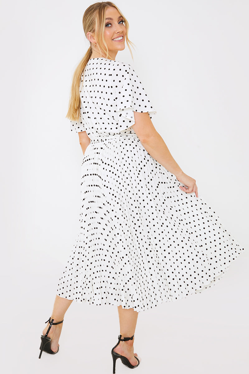 Polka Dot Print Pleated Wrap Midi Dress