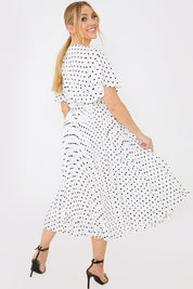 Polka Dot Print Pleated Wrap Midi Dress