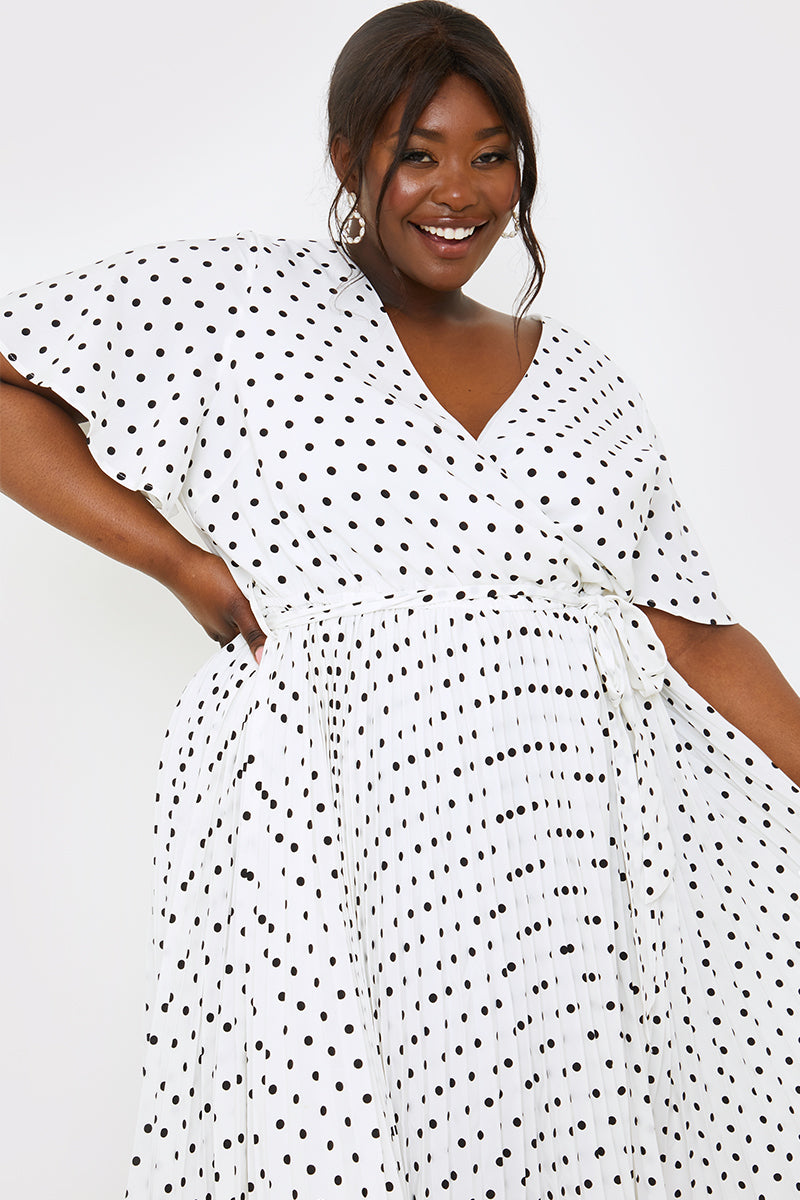 Polka Dot Print Pleated Wrap Midi Dress