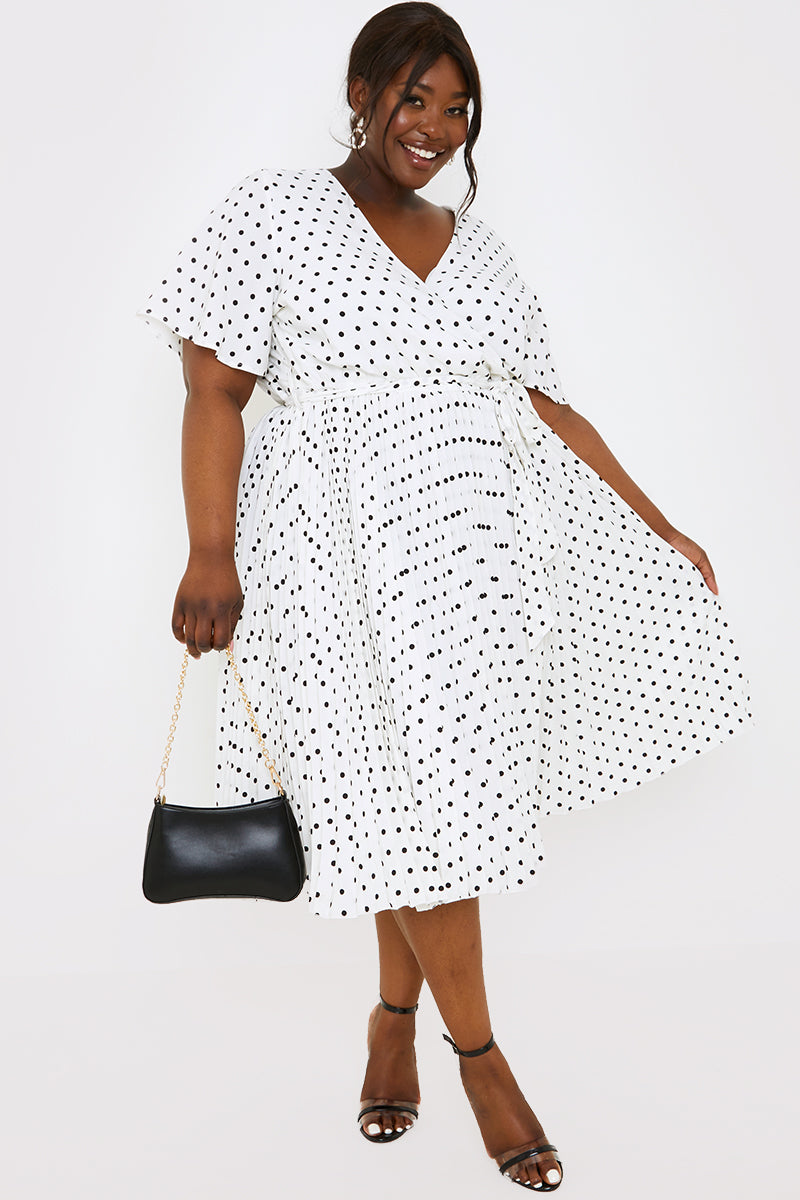 Polka Dot Print Pleated Wrap Midi Dress