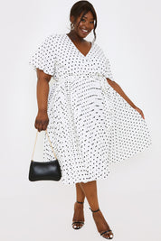 Polka Dot Print Pleated Wrap Midi Dress
