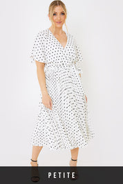 Polka Dot Print Pleated Wrap Midi Dress