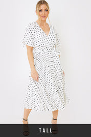 Polka Dot Print Pleated Wrap Midi Dress