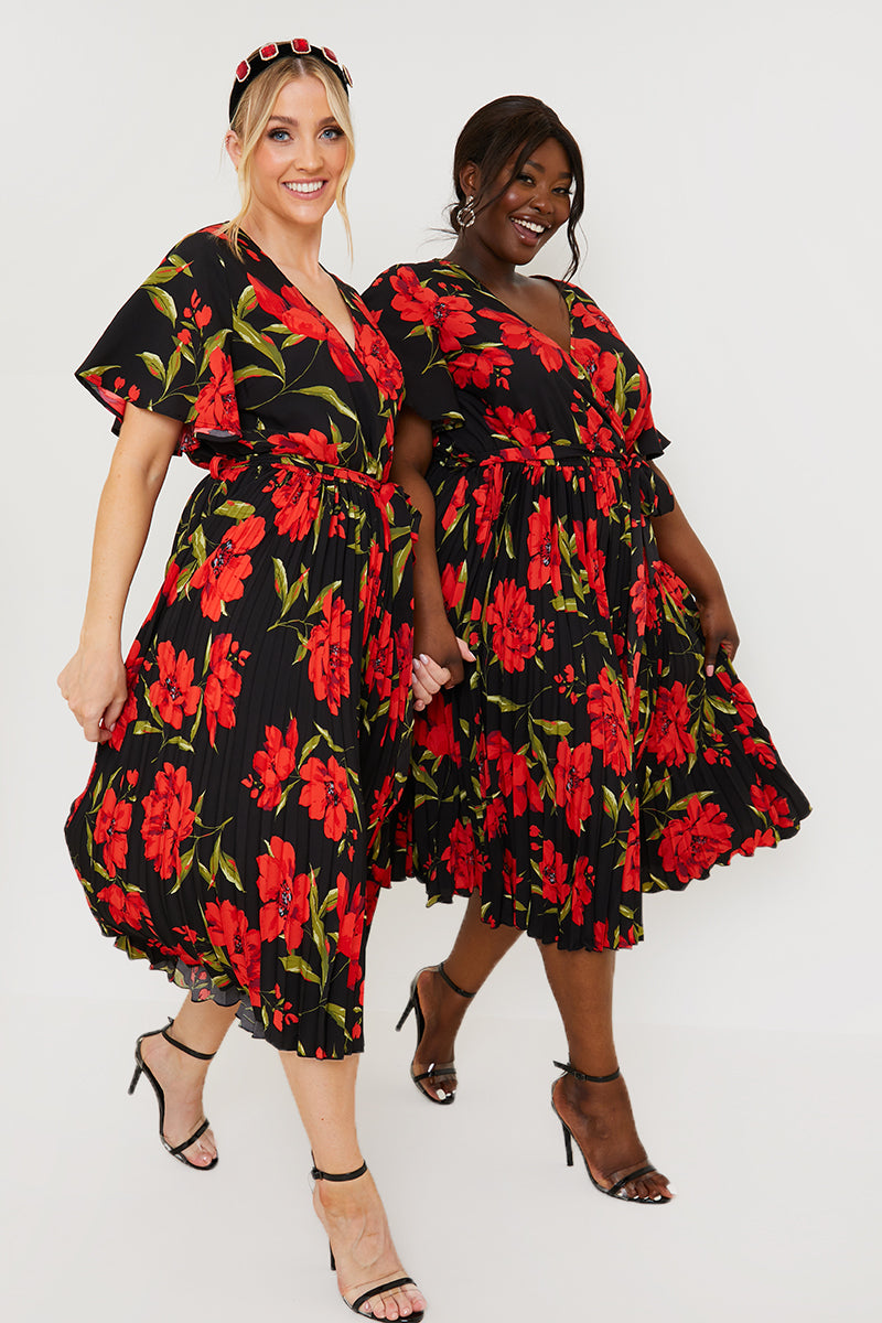 Floral Print Pleated Wrap Midi Dress