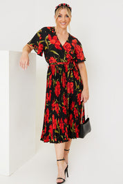 Floral Print Pleated Wrap Midi Dress