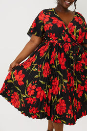 Floral Print Pleated Wrap Midi Dress