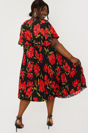 Floral Print Pleated Wrap Midi Dress