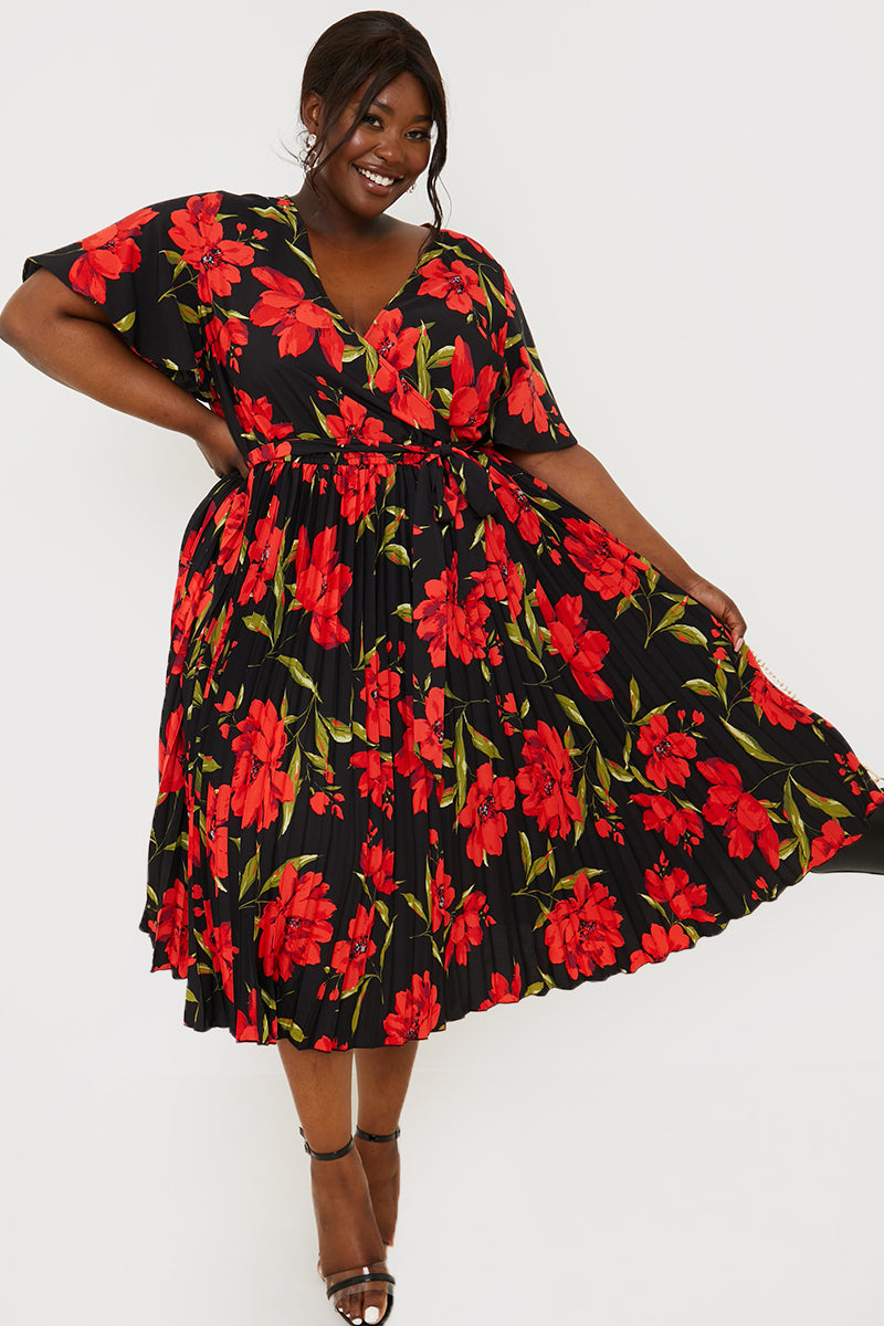 Floral Print Pleated Wrap Midi Dress