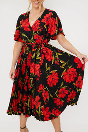 Floral Print Pleated Wrap Midi Dress