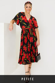 Floral Print Pleated Wrap Midi Dress