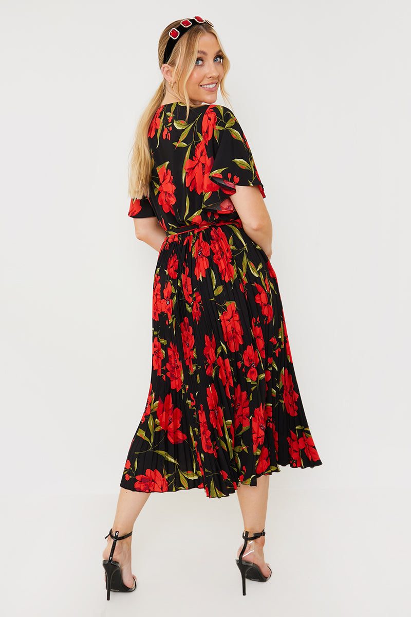 Floral Print Pleated Wrap Midi Dress