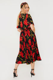 Floral Print Pleated Wrap Midi Dress