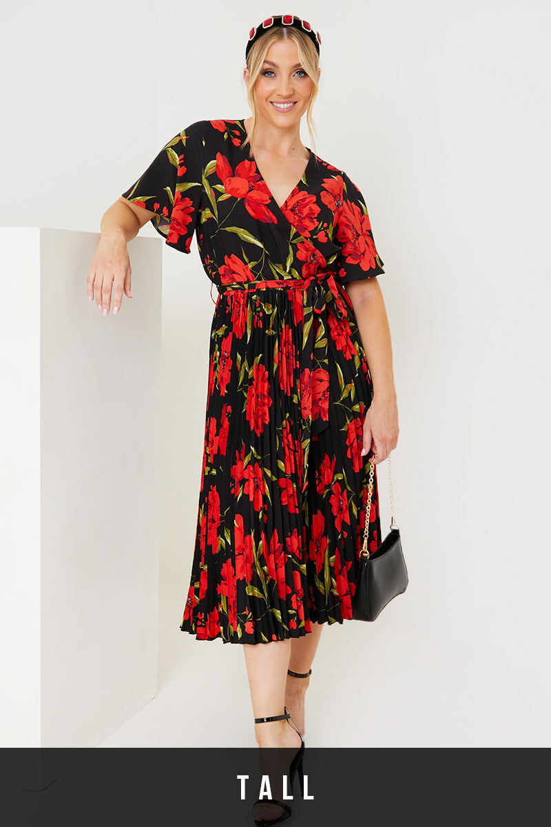 Floral Print Pleated Wrap Midi Dress