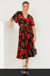 Floral Print Pleated Wrap Midi Dress