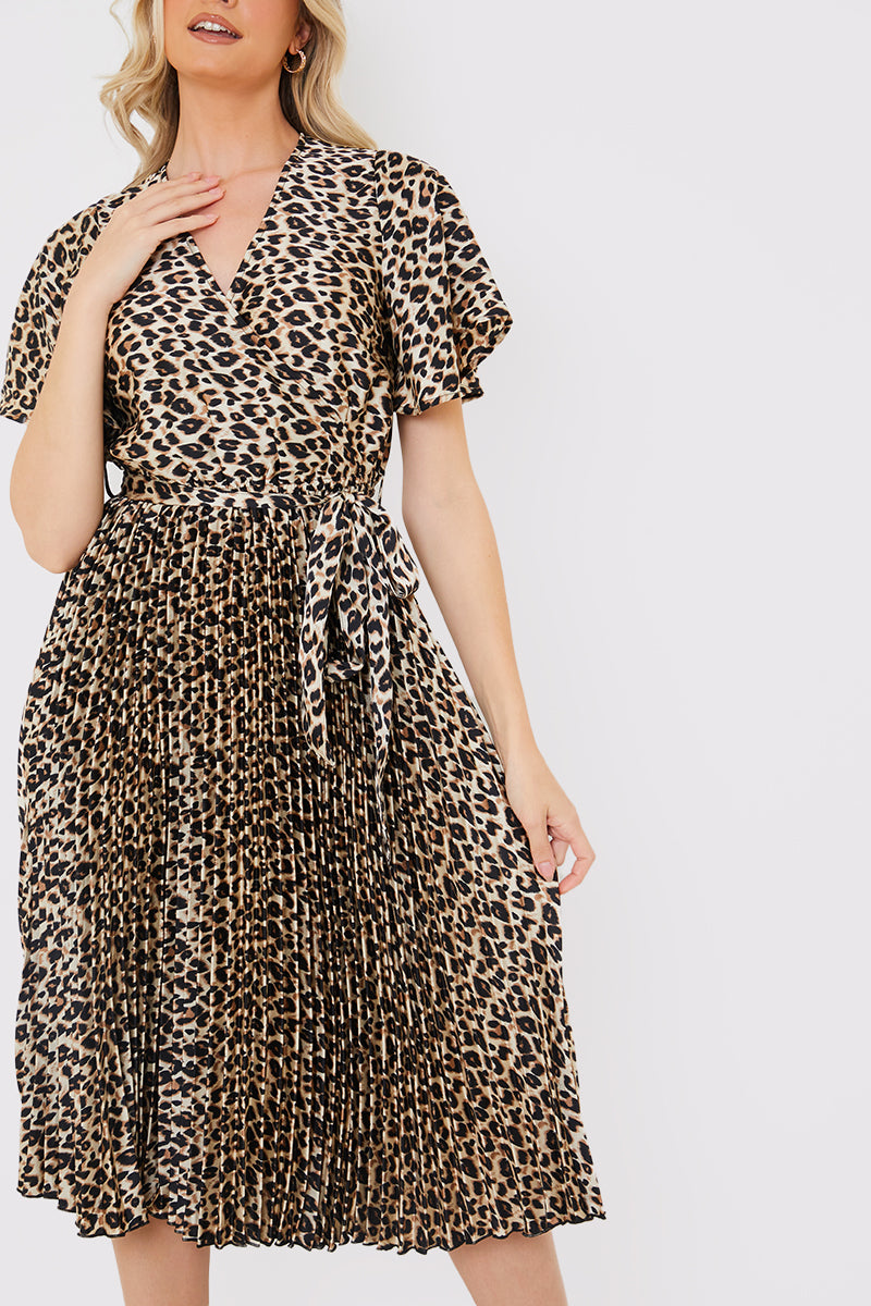 Leopard Print Pleated Midi Dress