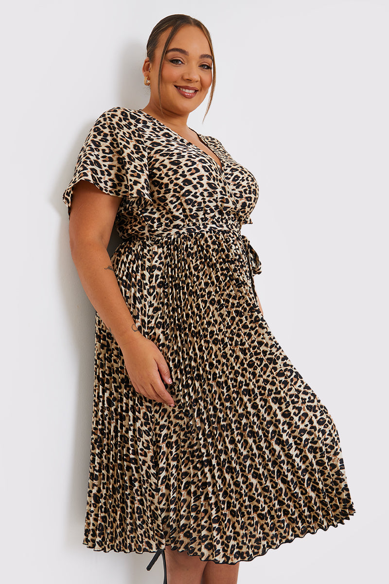 Leopard Print Pleated Midi Dress