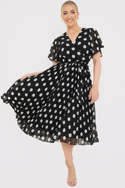 Polka Dot Print Pleated Wrap Midi Dress
