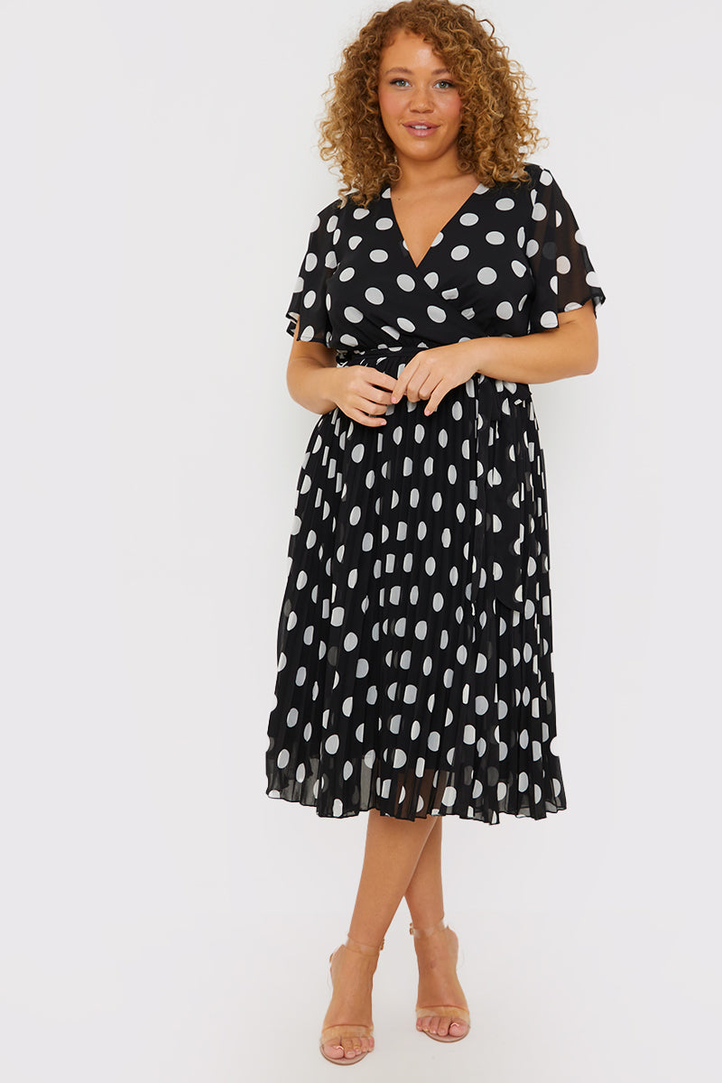 Polka Dot Print Pleated Wrap Midi Dress