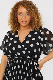 Polka Dot Print Pleated Wrap Midi Dress