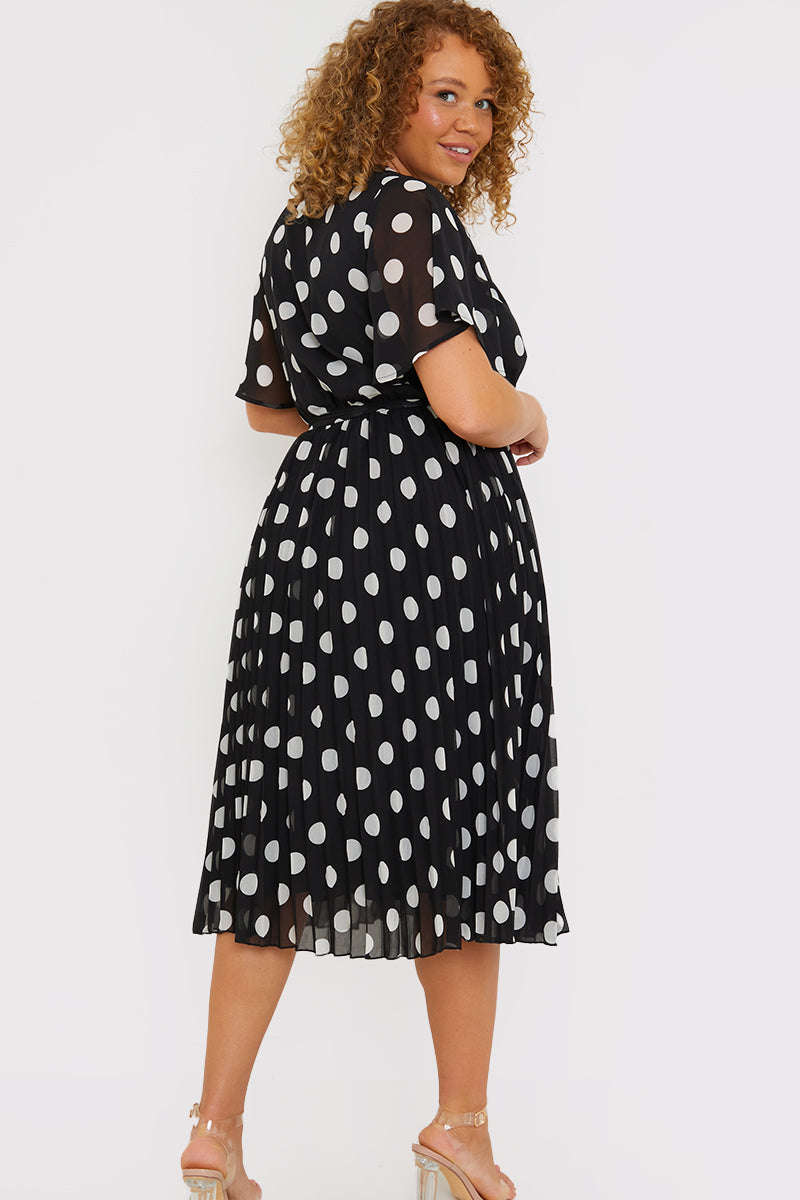 Polka Dot Print Pleated Wrap Midi Dress
