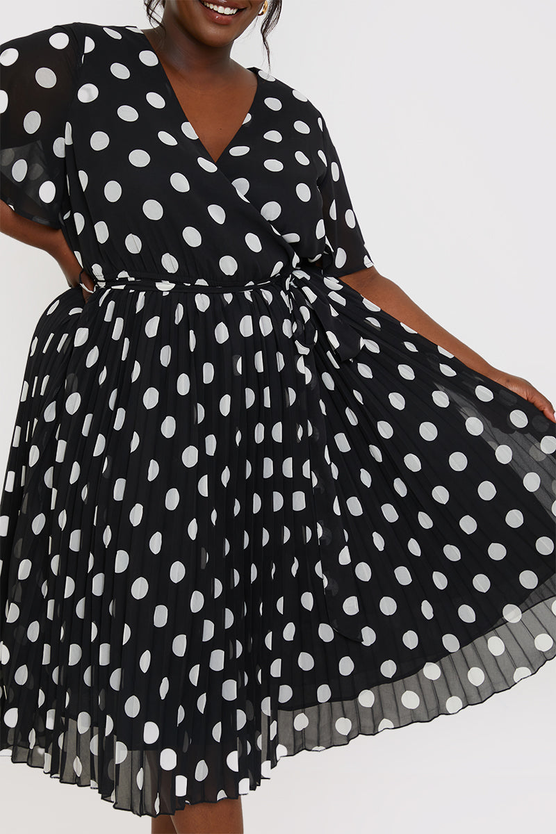 Polka Dot Print Pleated Wrap Midi Dress