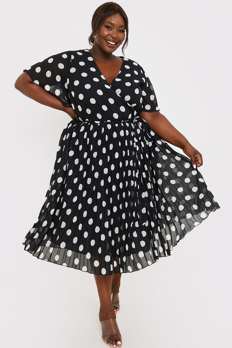 Polka Dot Print Pleated Wrap Midi Dress