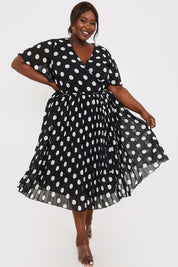 Polka Dot Print Pleated Wrap Midi Dress