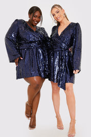 Sequin Kimono Sleeve Drape Tie Dress