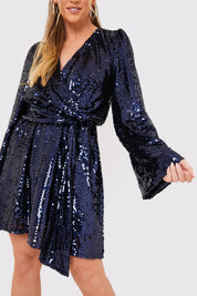 Sequin Kimono Sleeve Drape Tie Dress