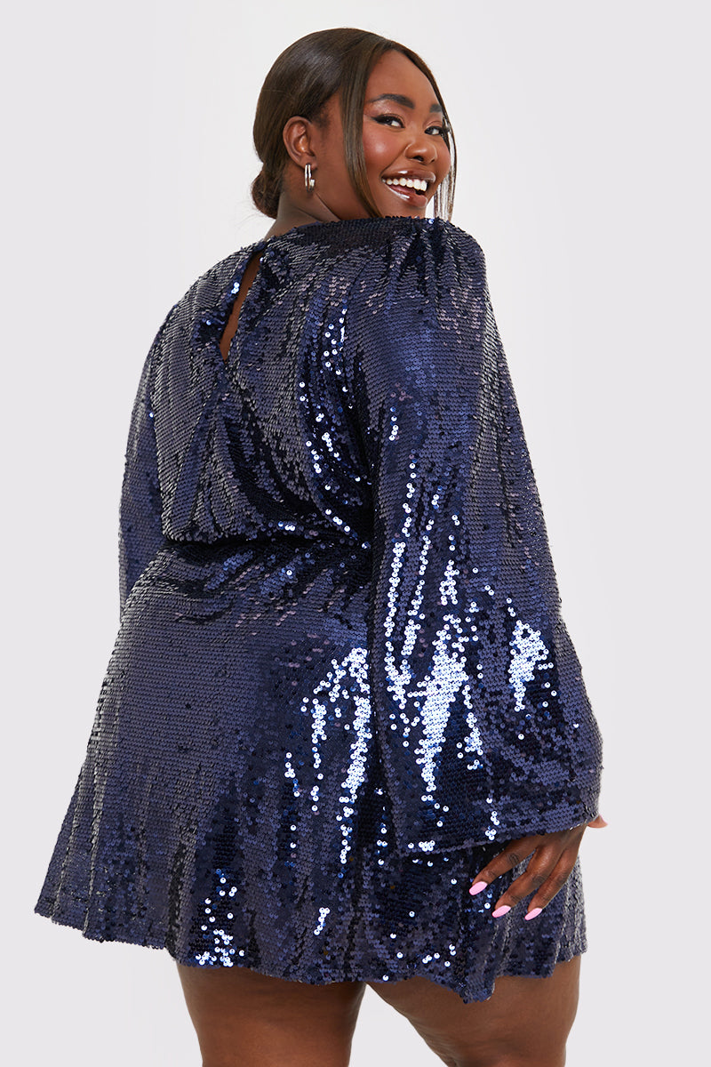 Sequin Kimono Sleeve Drape Tie Dress
