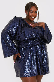Sequin Kimono Sleeve Drape Tie Dress